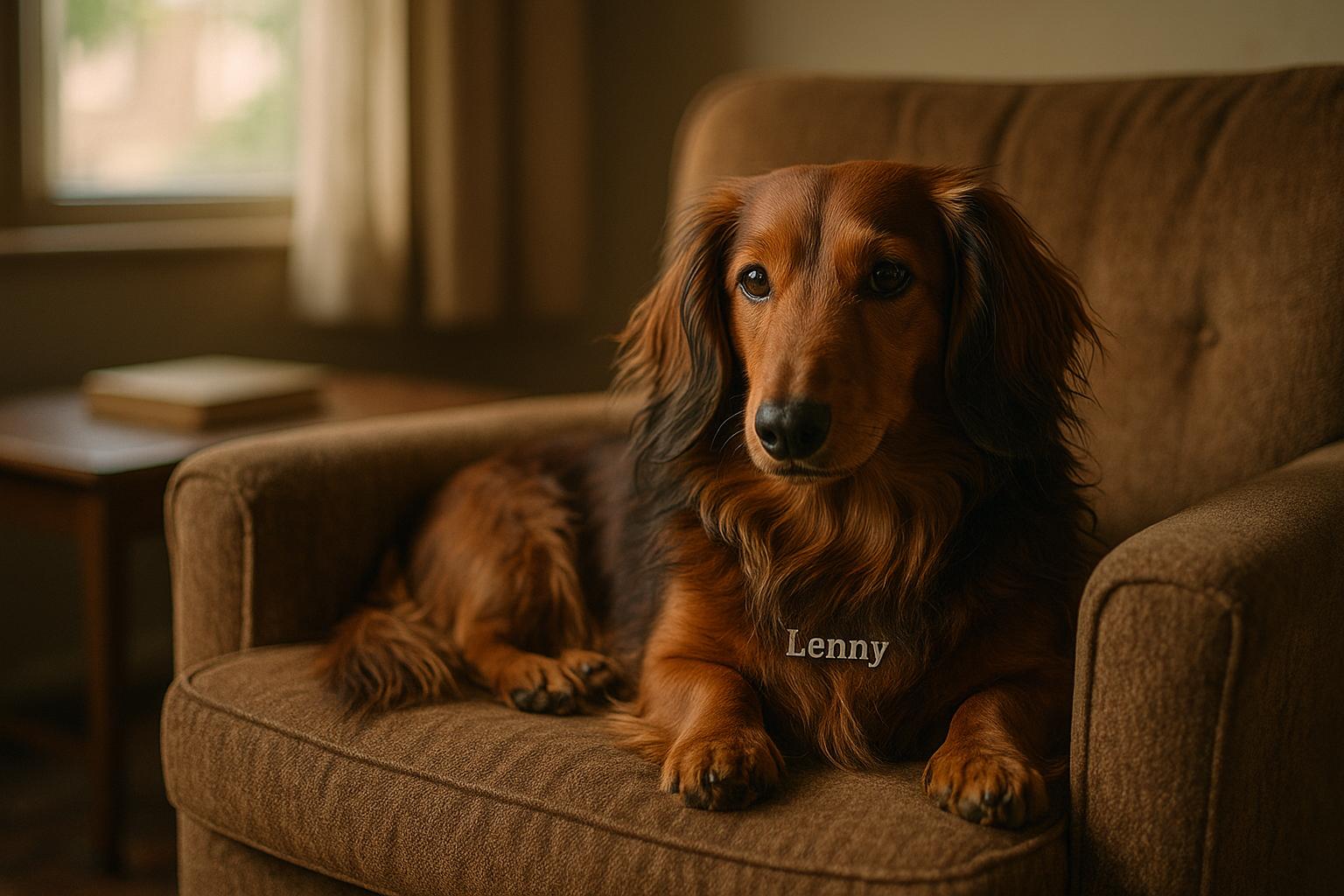 Standard long-haired dachshund named Lenny lying on an armchair in natural afternoon light