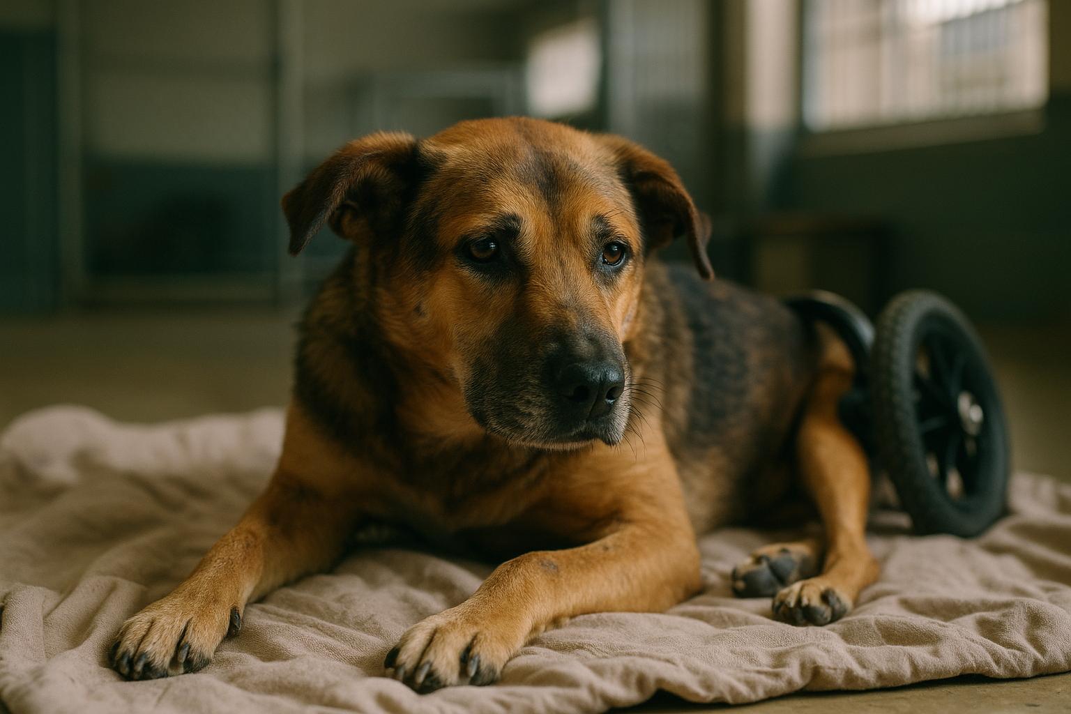 Mixed-breed dog with limited mobility resting on a blanket in a shelter room