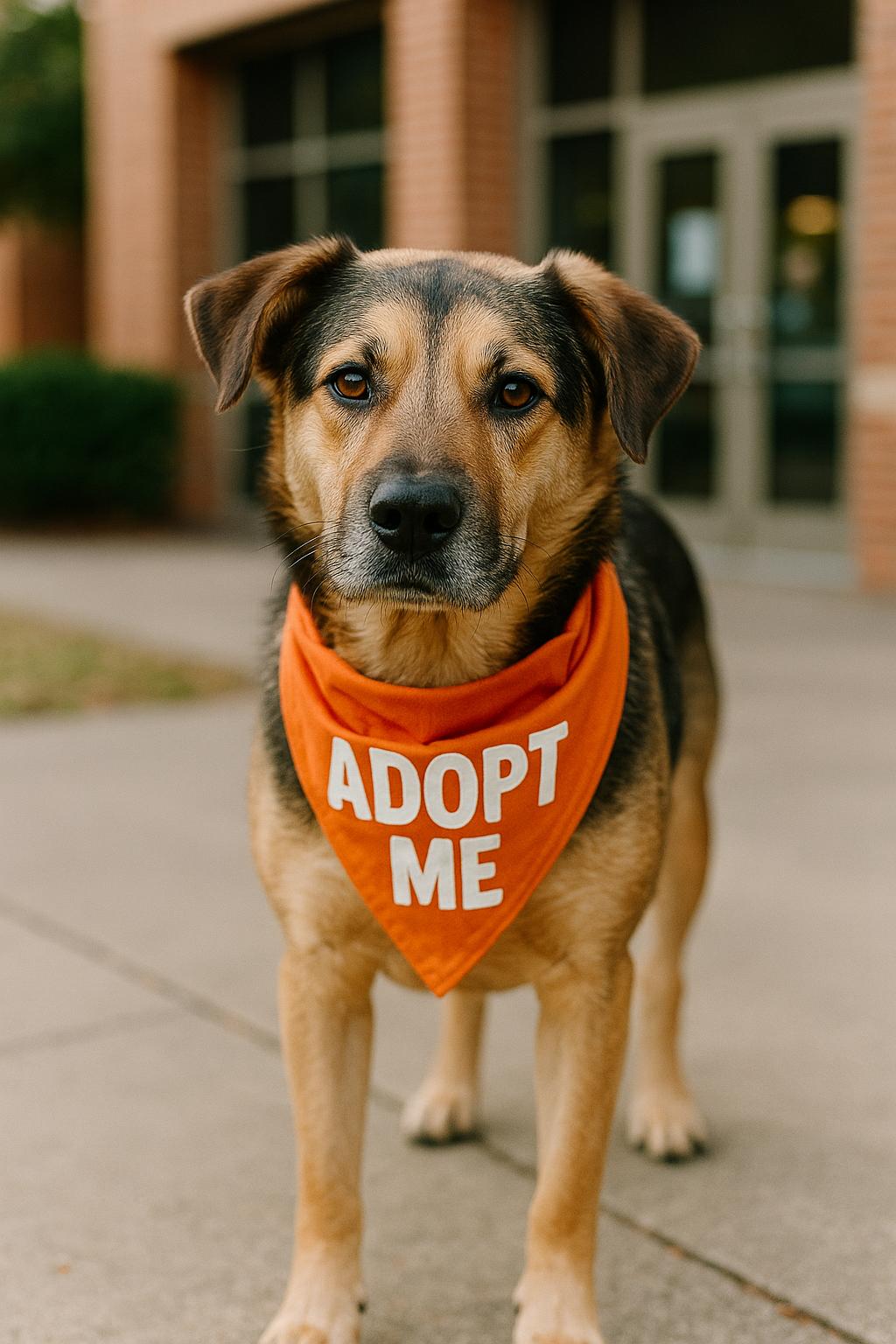 Medium-sized mixed-breed dog wearing an adoption bandana outside a community center, photorealistic.