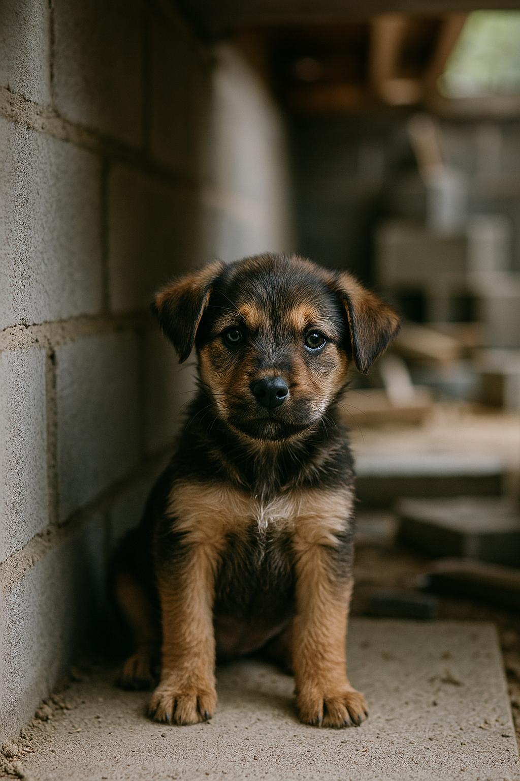 12-week-old puppy inside a partially completed storm shelter at a rescue facility with construction materials in the background.