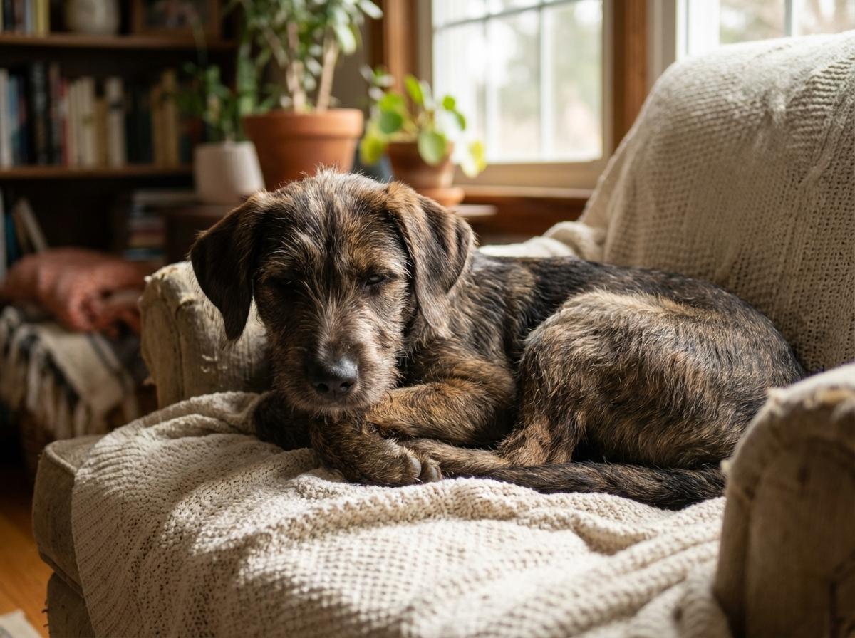 An almost 5-month-old Labrador Retriever mix puppy lying on a blanket in a foster home setting.