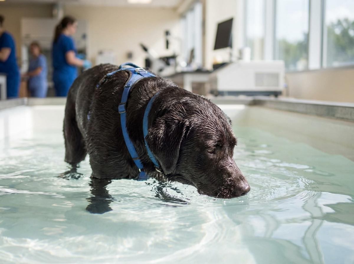 Working dog dunking its head into a shallow pool during a cooling training exercise at a veterinary research center.