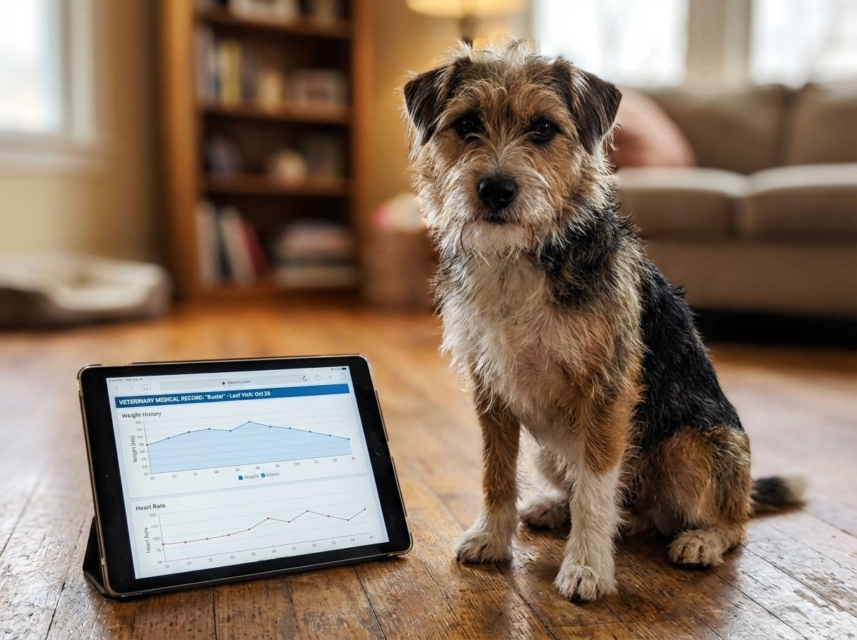 Mixed-breed dog next to a tablet showing veterinary records