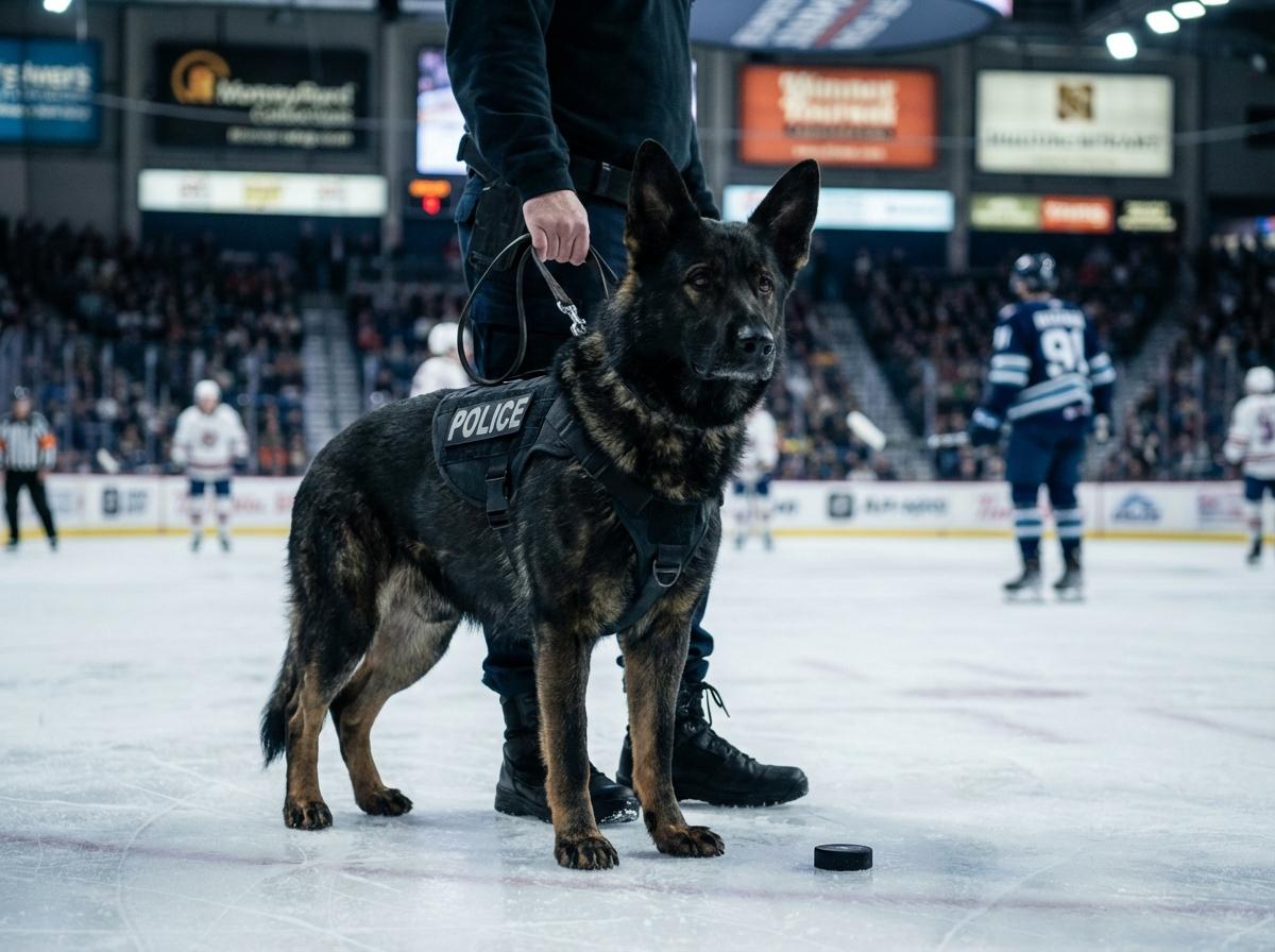 An attack police dog on the ice during a ceremonial puck drop in a hockey arena