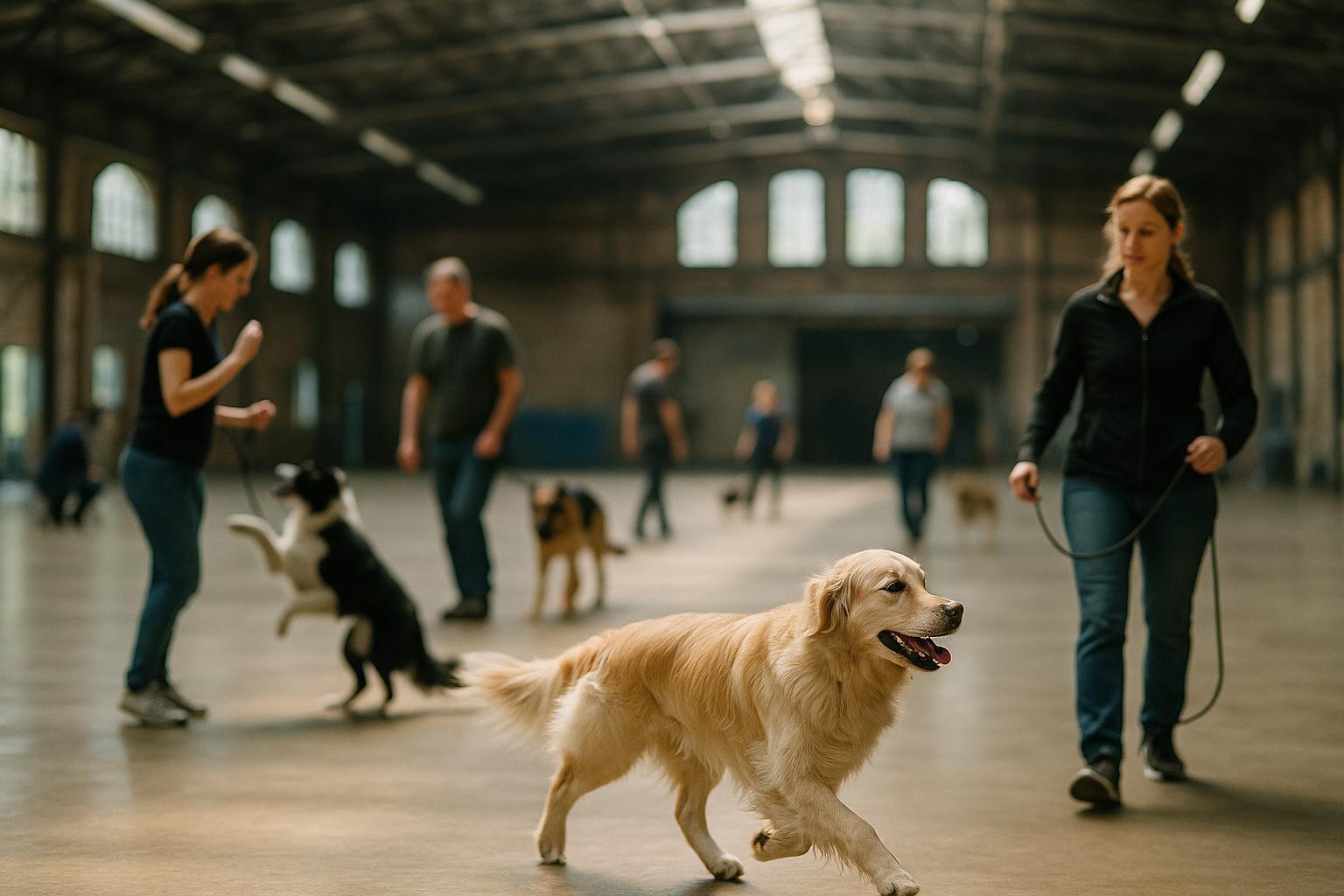 Interior of a large indoor dog training facility with dogs and owners practicing exercises