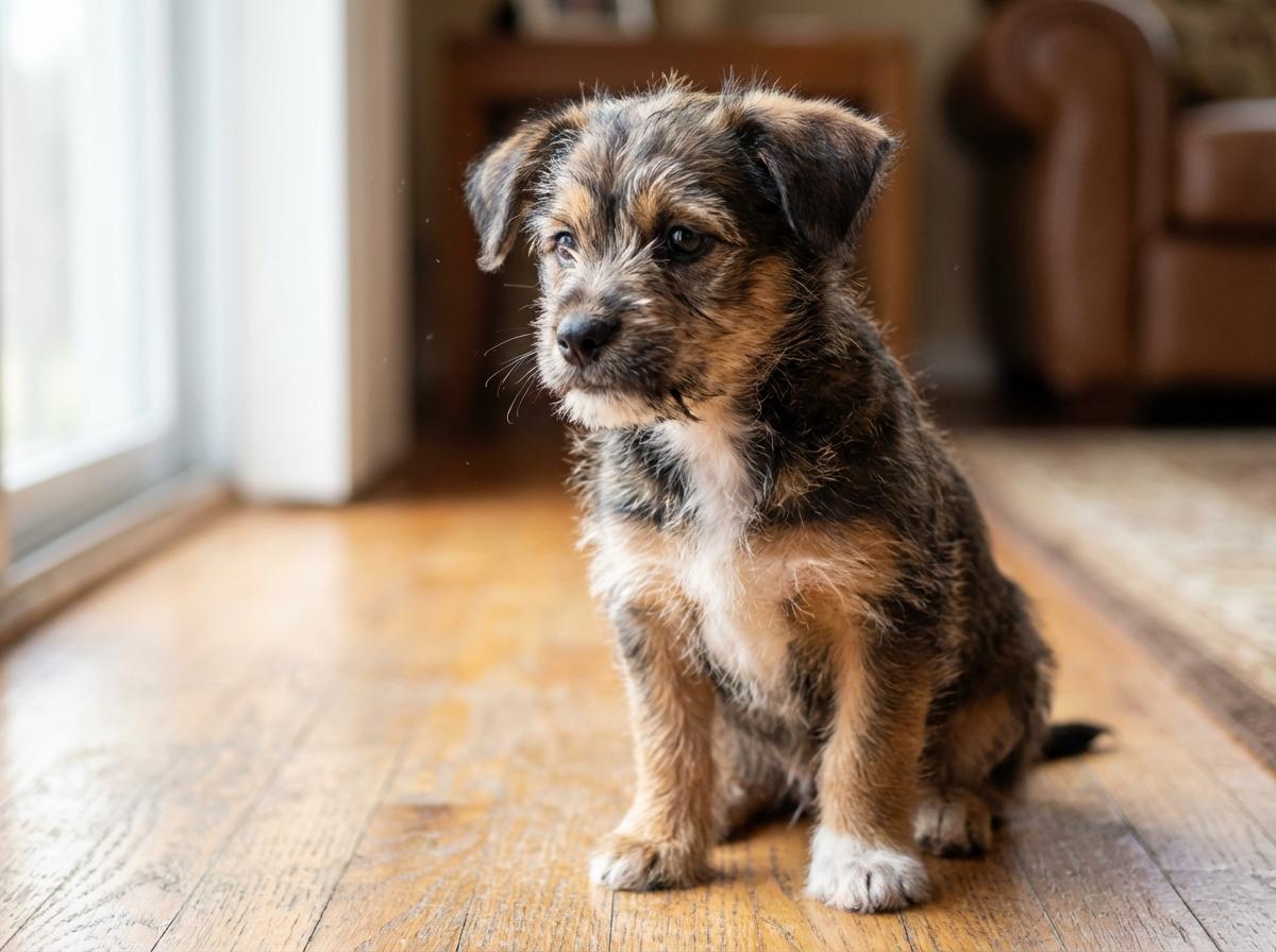 A young puppy sitting on a hardwood floor, looking alert in soft natural light.