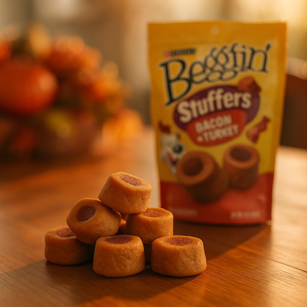 Photorealistic image of Purina Beggin' Stuffers with Bacon N Turkey dog treats on a wooden table with autumn decorations