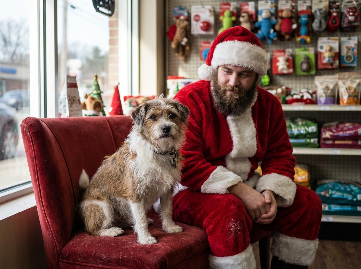 A small mixed-breed dog sits next to Santa on a red velvet chair inside a pet store, ready for a holiday photo.