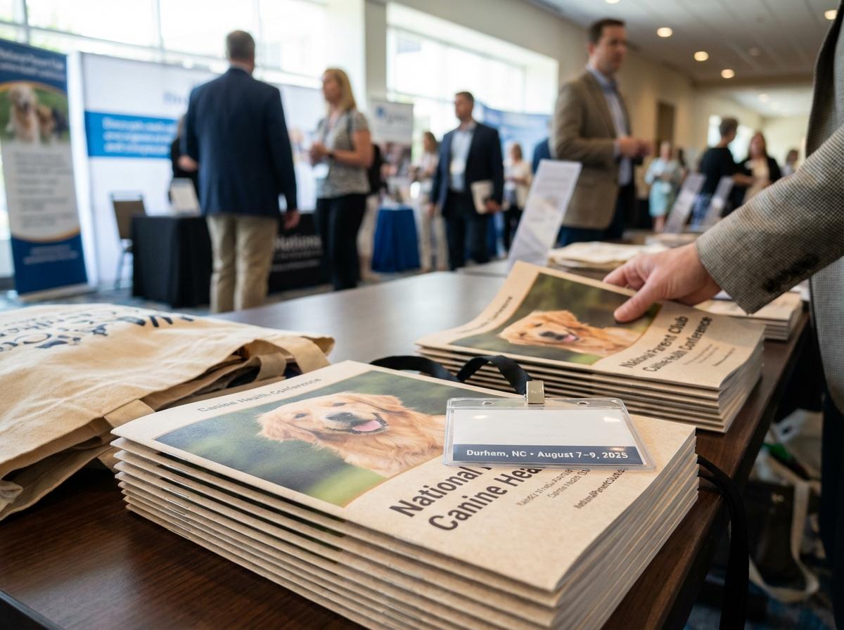 Conference registration table with programs and a badge for the National Parent Club Canine Health Conference, Durham, NC, August 7–9, 2025.