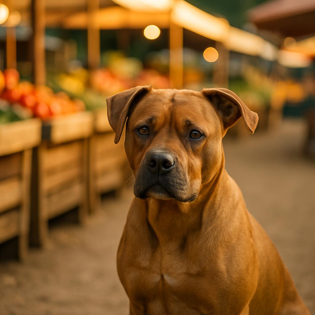Annie, a brown medium-sized dog part boxer and part pit bull, sitting near stalls at a farmers market in warm natural light.