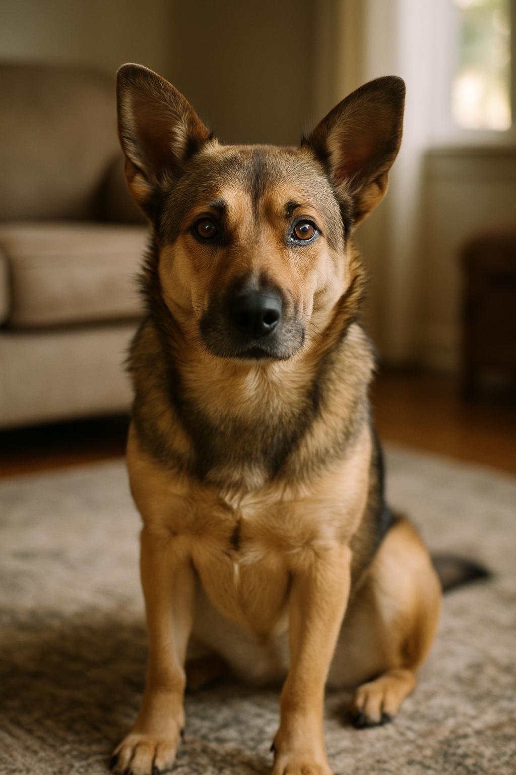 Mixed-breed rescue dog with German Shepherd-like face sitting calmly on a living room rug, looking relaxed.