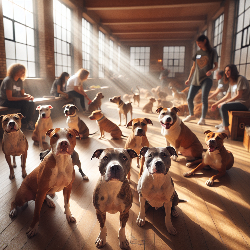 Rescued pit bulls in a rehabilitation center interacting with volunteers