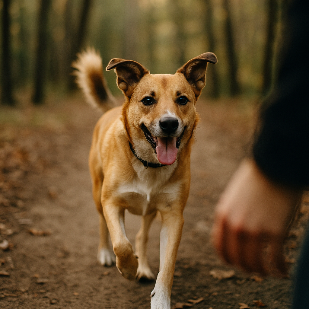 Tan and white dog running joyfully towards its owner in a wooded area