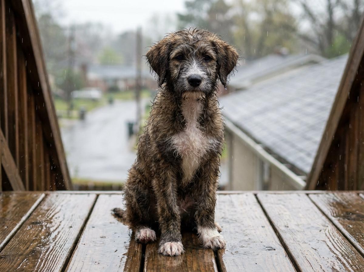 A wet 5-month-old puppy sitting on a porch during a rainstorm, shallow depth of field, photorealistic.