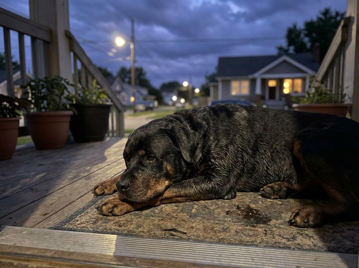 A Rottweiler lying on a front porch at dusk, photorealistic image