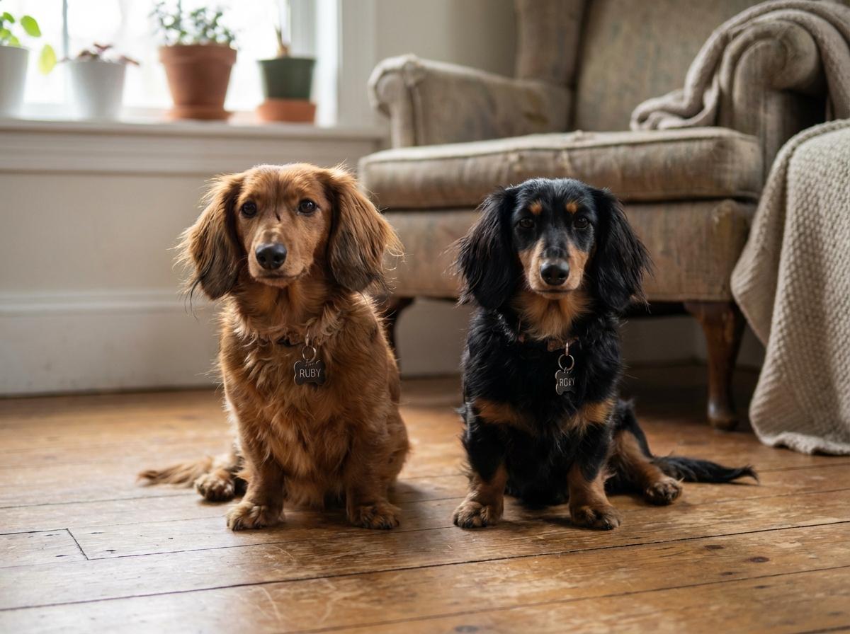 Two dachshunds, Ruby and Roxy, sitting side by side on a wooden floor in natural light.