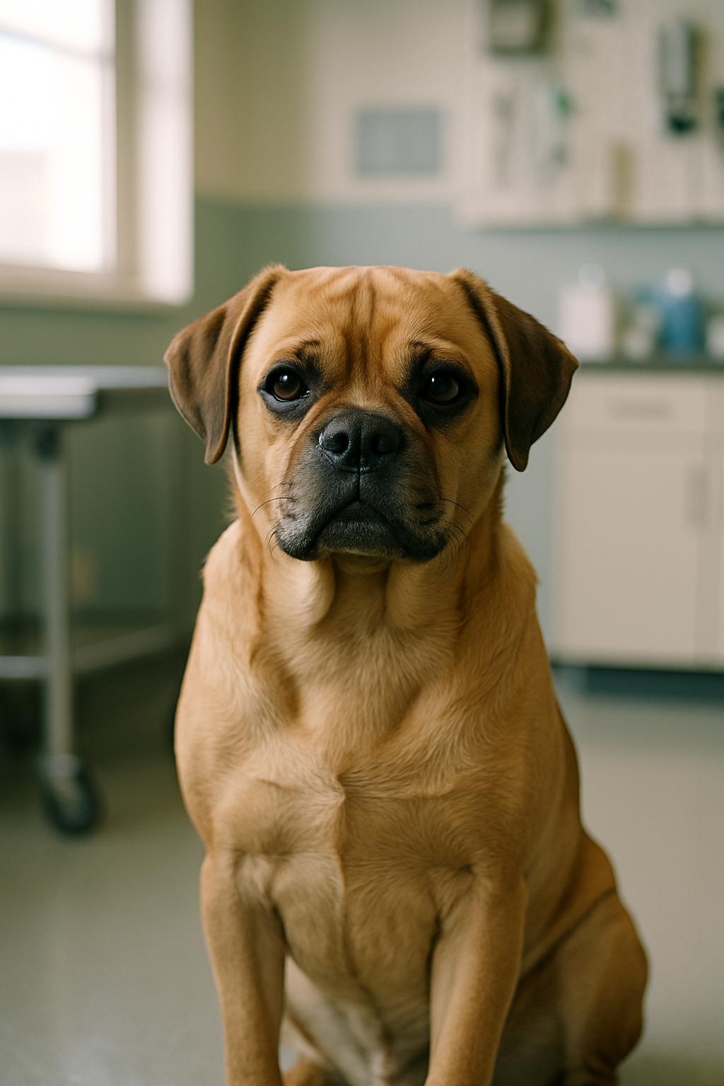 Short-muzzled companion dog sitting in a veterinary clinic, natural light, shallow depth of field.