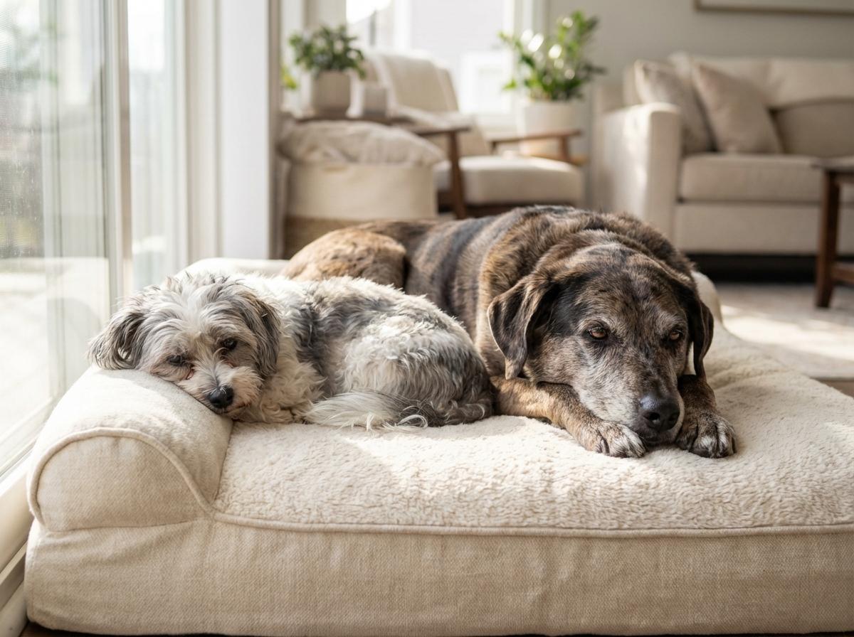 Rory, a Maltese mix, and Daisy, a Labrador-Aussie mix, lying together on a plush dog bed in soft natural light.