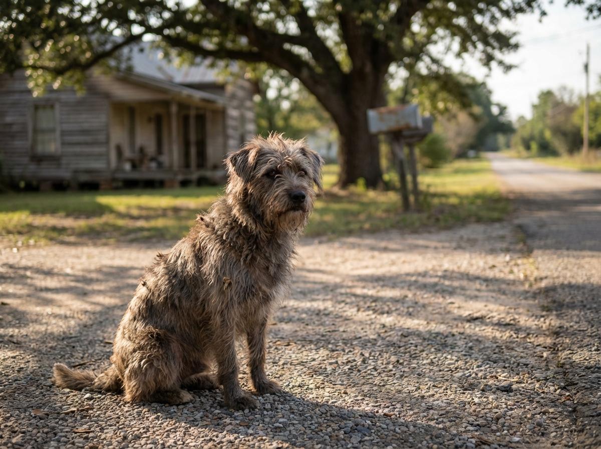A mixed-breed dog sitting on a rural driveway with a single-story house and country road in the background.