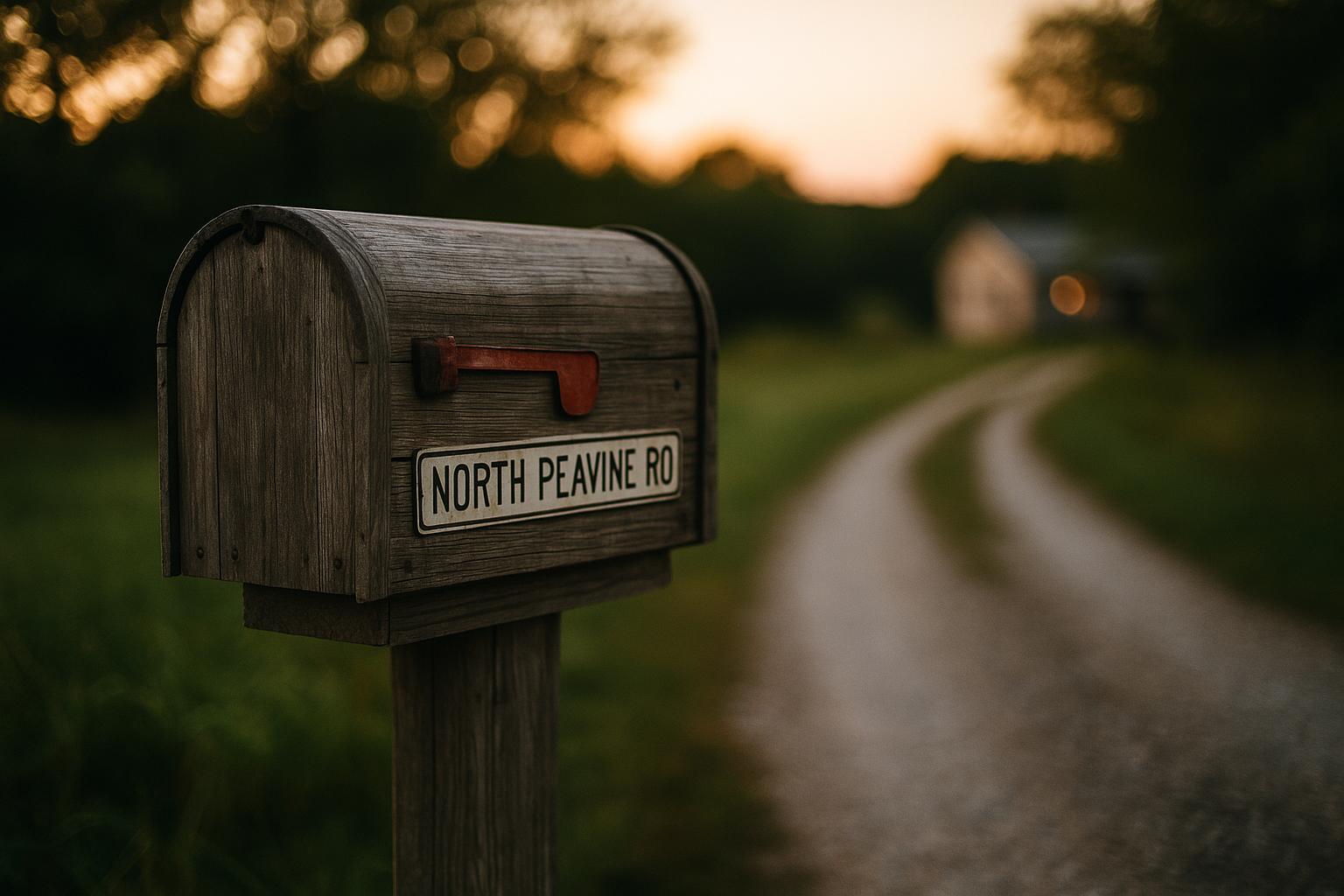 Photorealistic twilight view of a rural mailbox and gravel drive on North Peavine Road near a small farmhouse, Sampson County