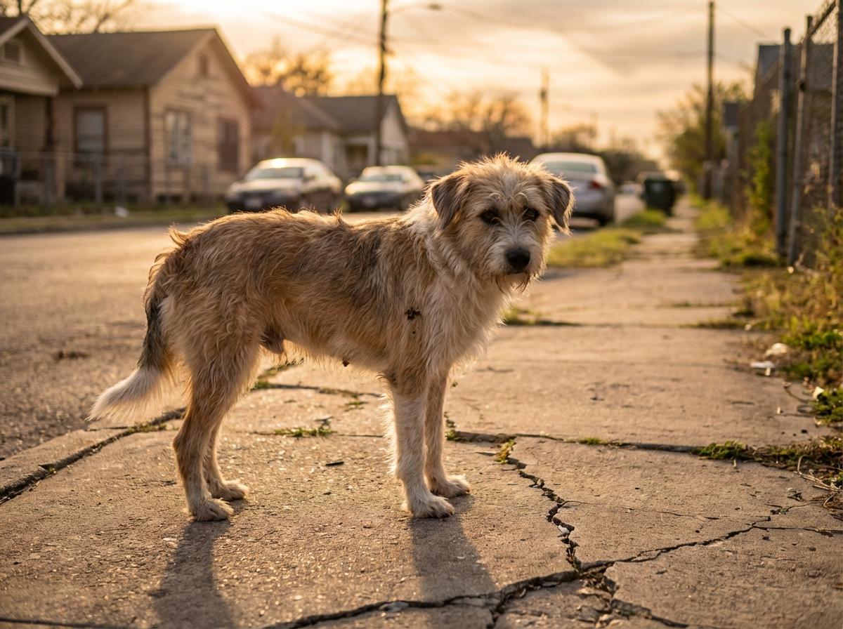 Mixed-breed stray dog on a San Antonio sidewalk at golden hour