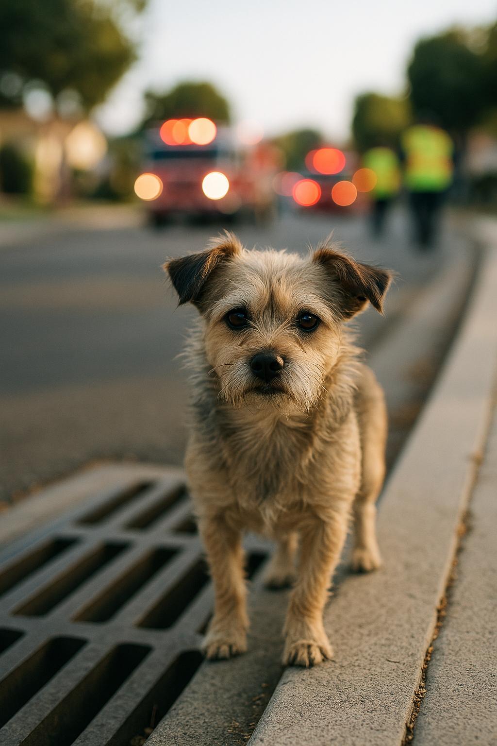 Photorealistic image of a small mixed-breed dog near a storm drain on a suburban street with emergency vehicles blurred in the background