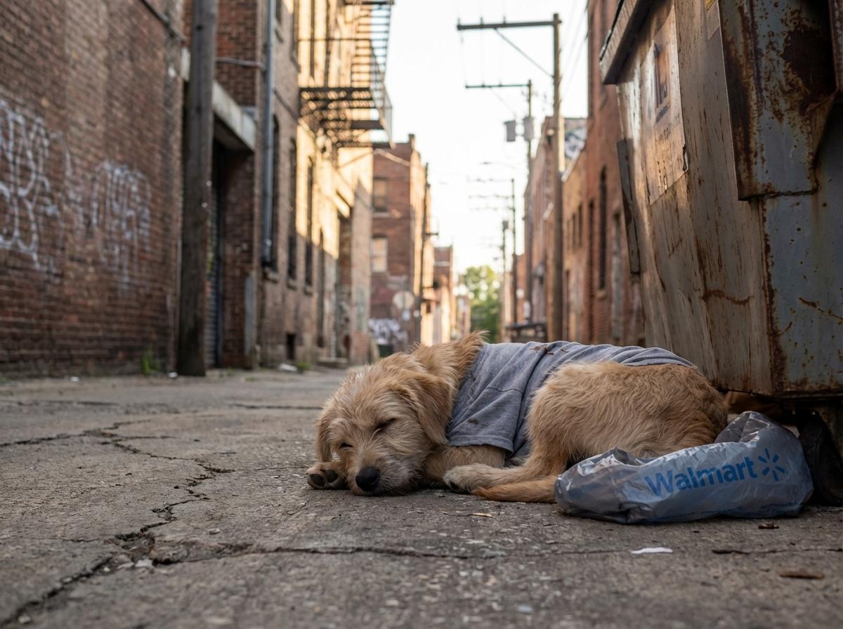 A small puppy wrapped in a T-shirt beside a plastic bag near a dumpster in an urban alley.