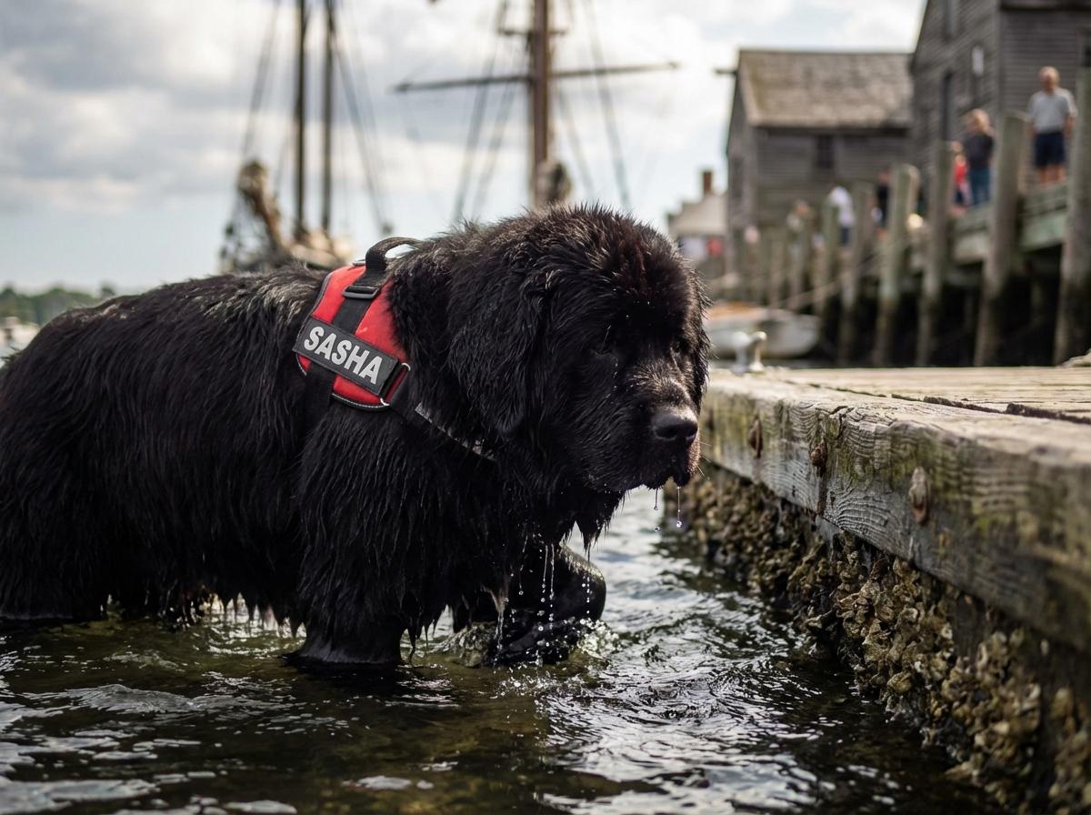 Sasha, a black Newfoundland, standing at the edge of a wooden dock with wet fur after a water-rescue demonstration