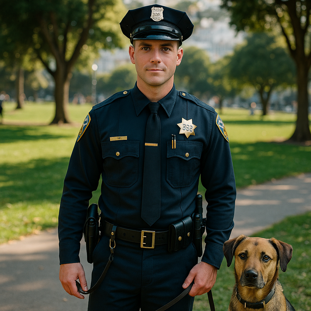 SFPD officer with a dog in a San Francisco park