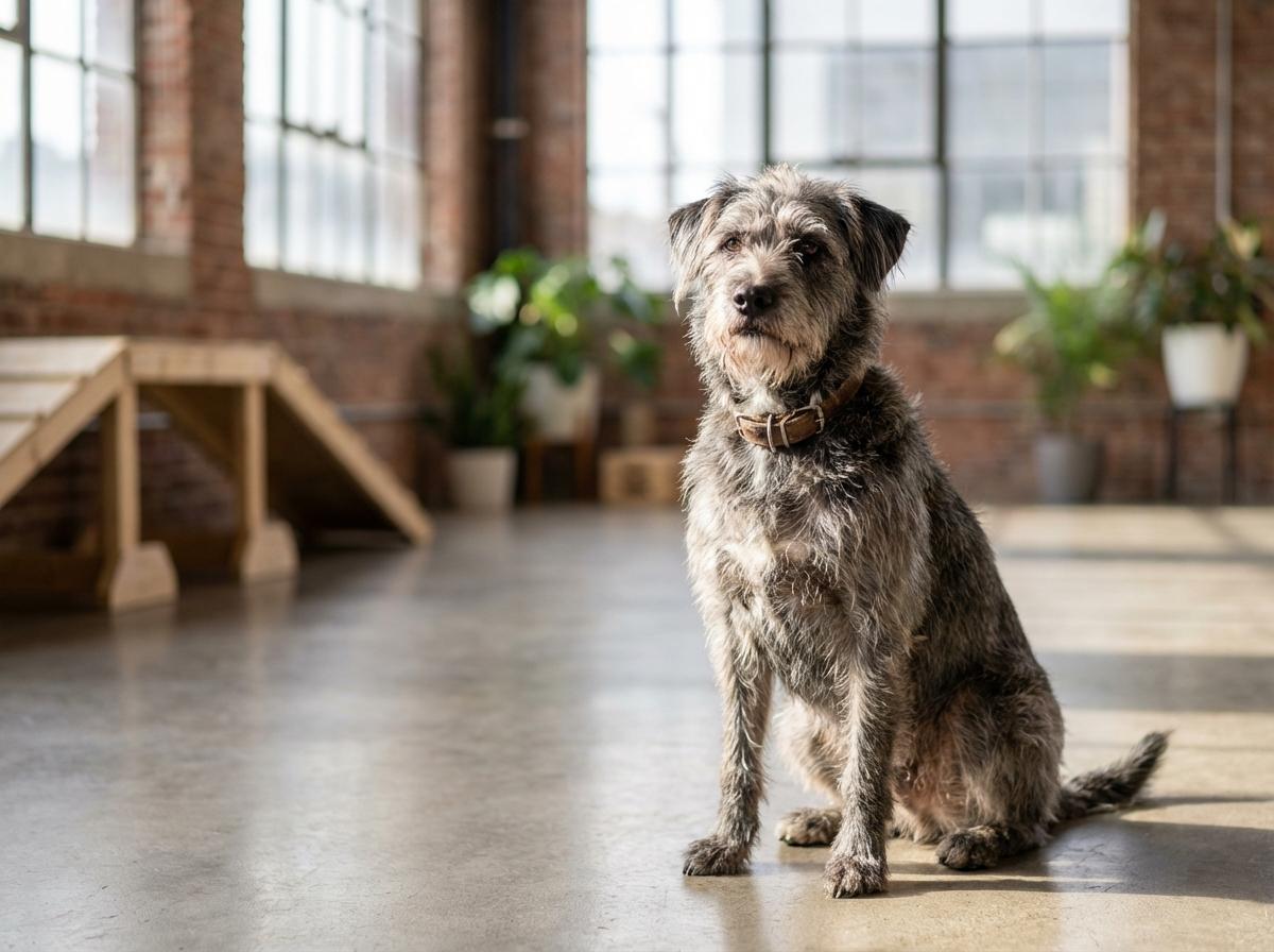 A calm mixed-breed dog sitting attentively in a training studio, natural light, shallow depth of field.