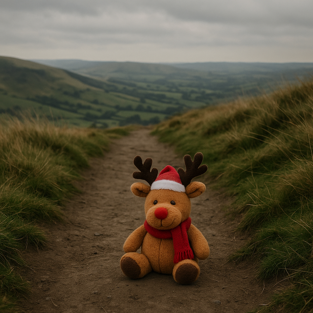 Toy reindeer resting on a grassy hilltop path on Slack Hill, Chesterfield Road.
