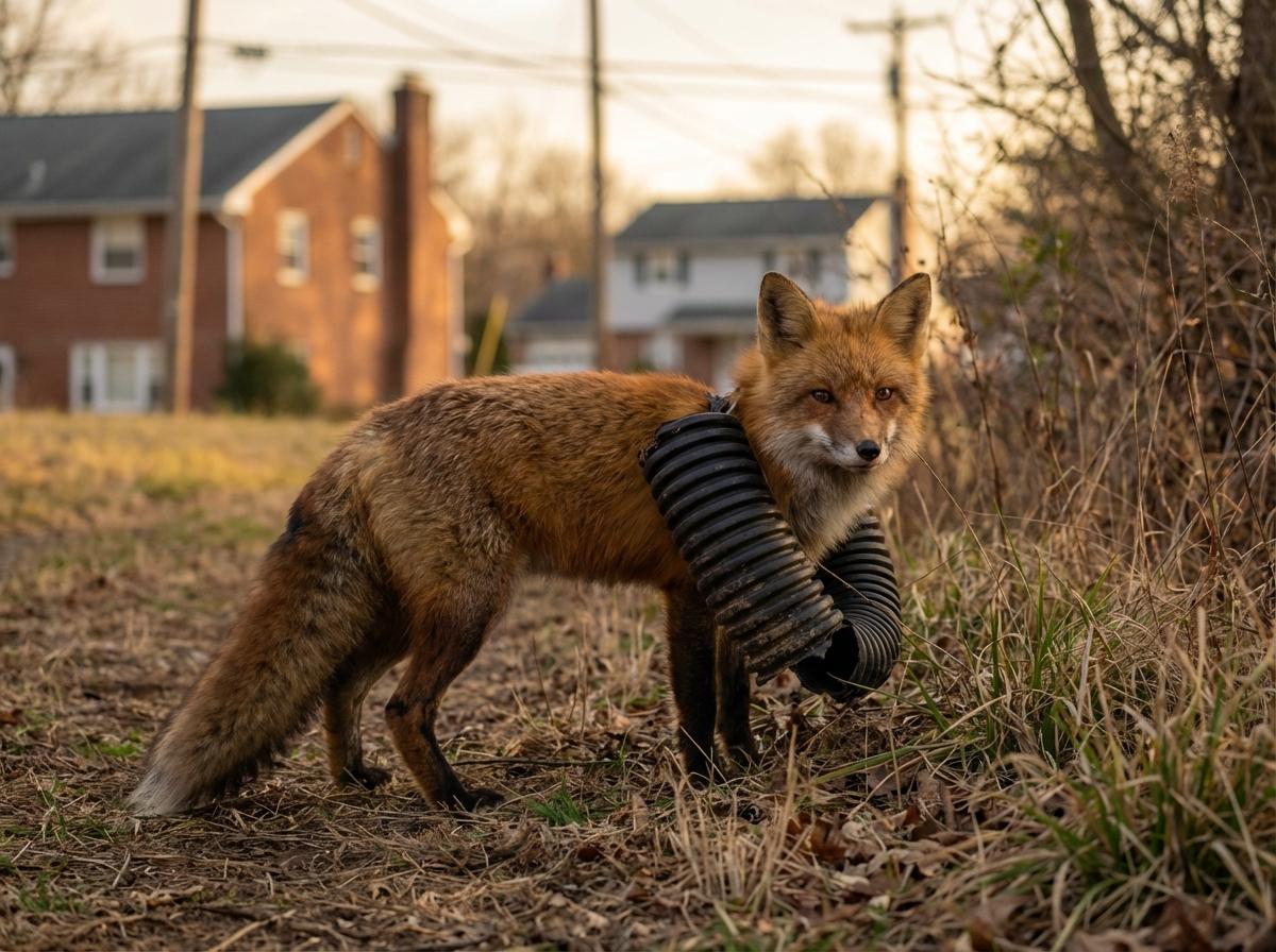 A red fox standing at the edge of a greenbelt with a plastic pipe around its neck, evening light.
