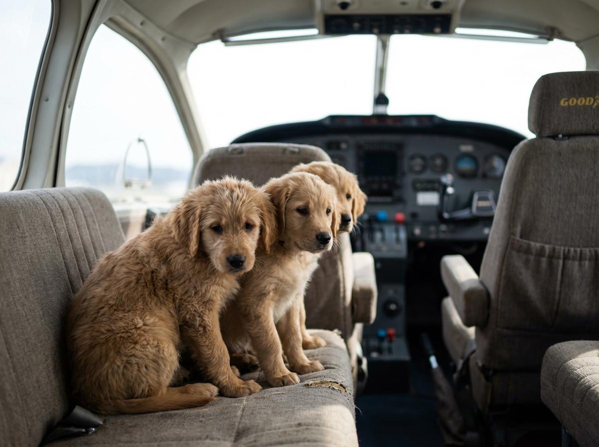 Three 10-week-old Labrador/golden retriever mix puppies sitting inside a Goodyear blimp cabin