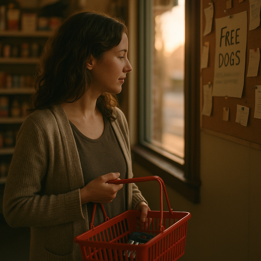 Woman pausing in a store aisle to look at a sign advertising free dogs