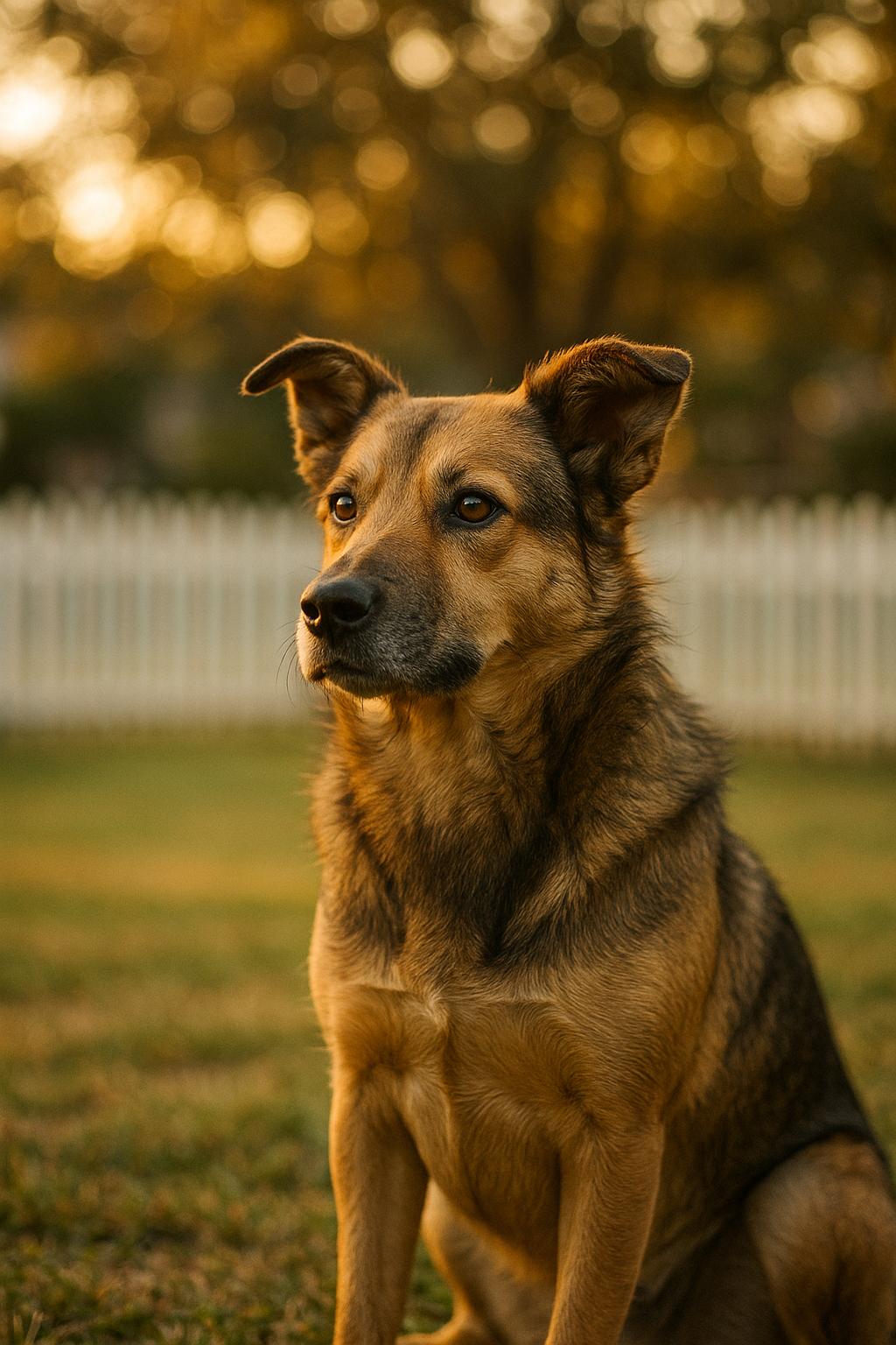 Medium-sized mixed-breed dog sitting alert in a backyard with soft golden-hour light