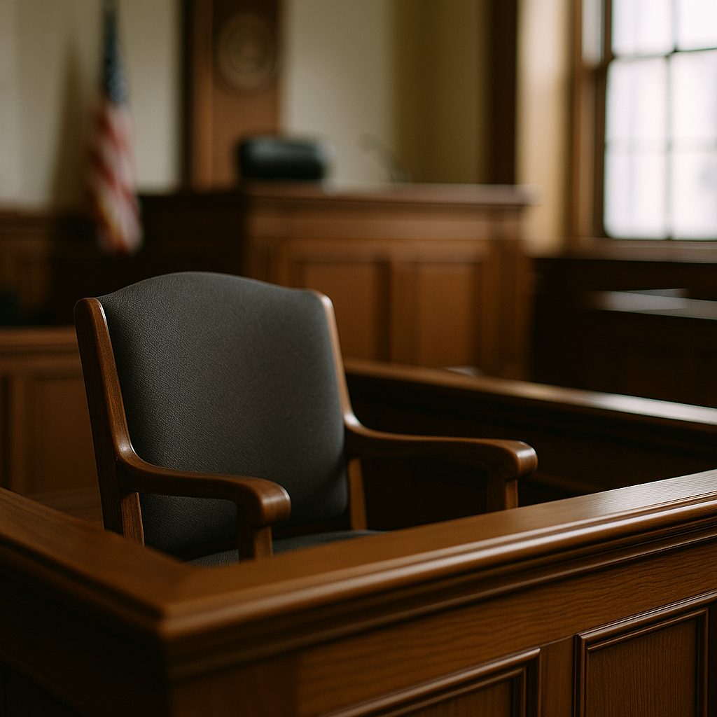 Empty courtroom with a defendant's chair