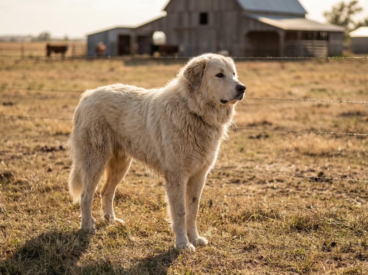 Livestock guardian dog standing in a pasture near a ranch building, alert and focused, late-afternoon light.