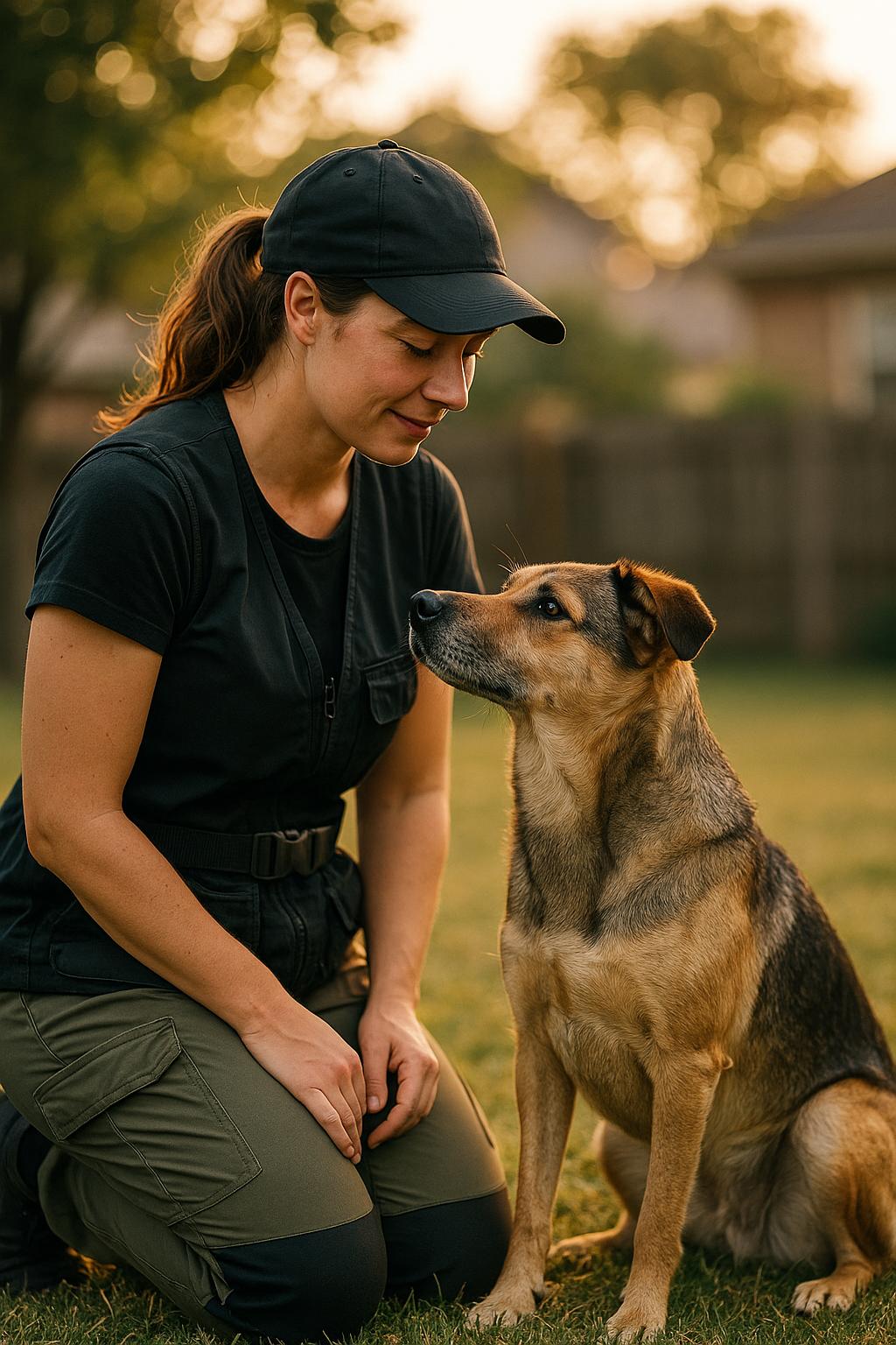 Dog trainer kneeling beside a medium-sized dog in a backyard demonstrating body language cues, late afternoon light.