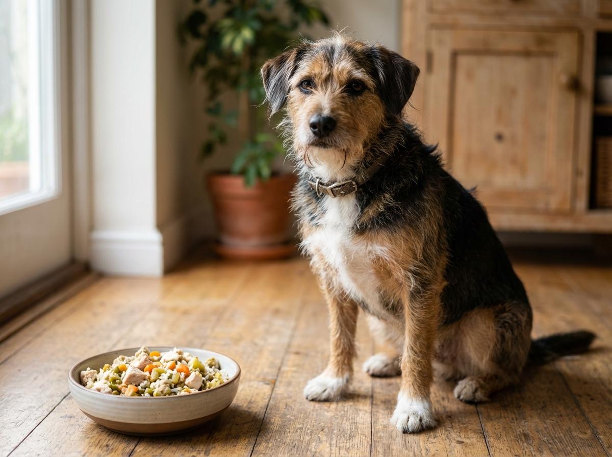 Mixed-breed dog sitting by a bowl of homemade dog food on a kitchen floor, photorealistic