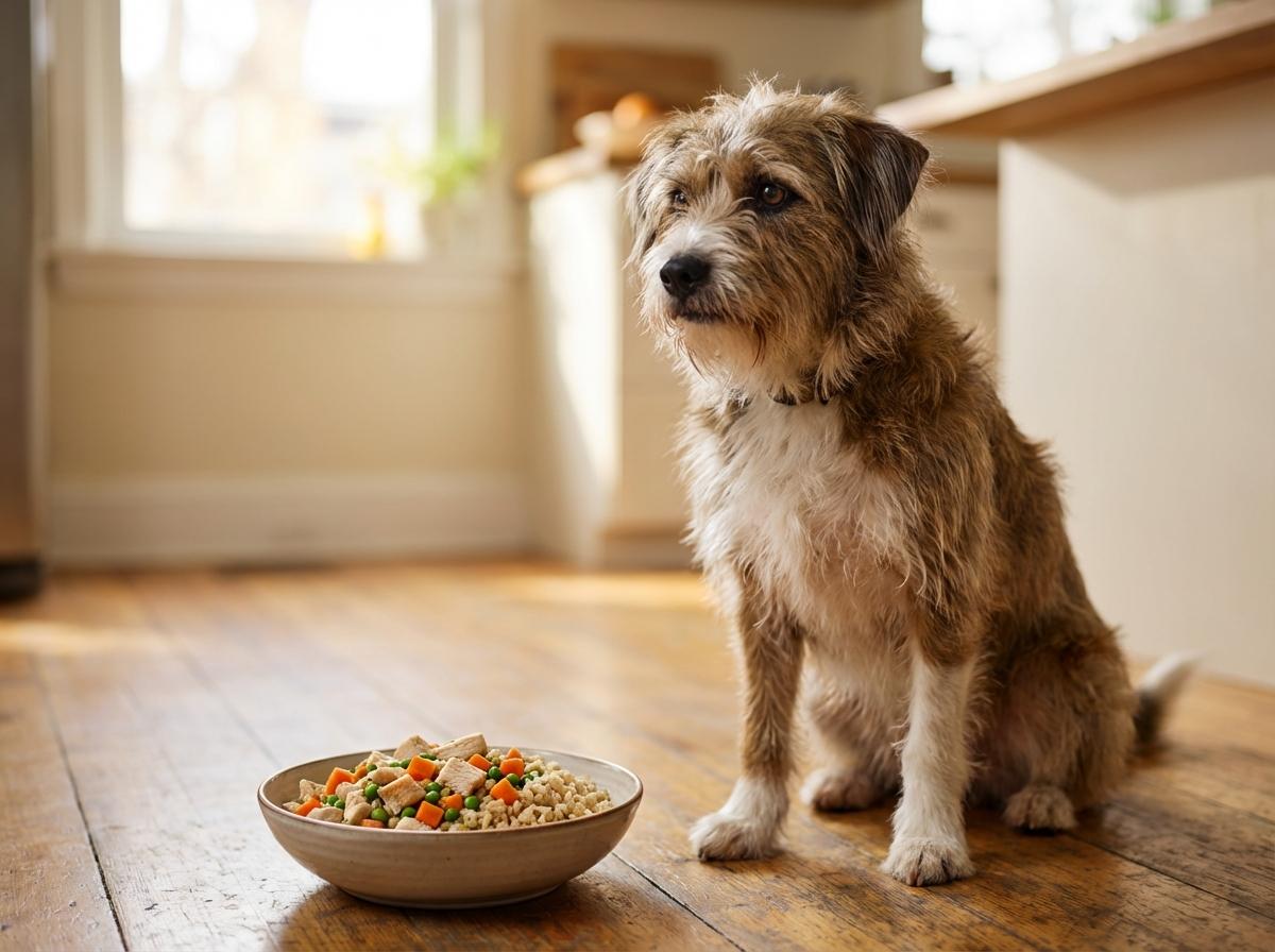 Photorealistic image of a dog next to a bowl of home-cooked ingredients in a kitchen, natural light, shallow depth of field.