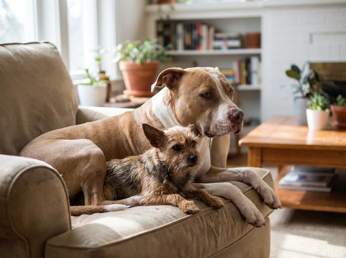 A 75 lb. pit bull and a small terrier together in a living room, natural lighting, photorealistic.