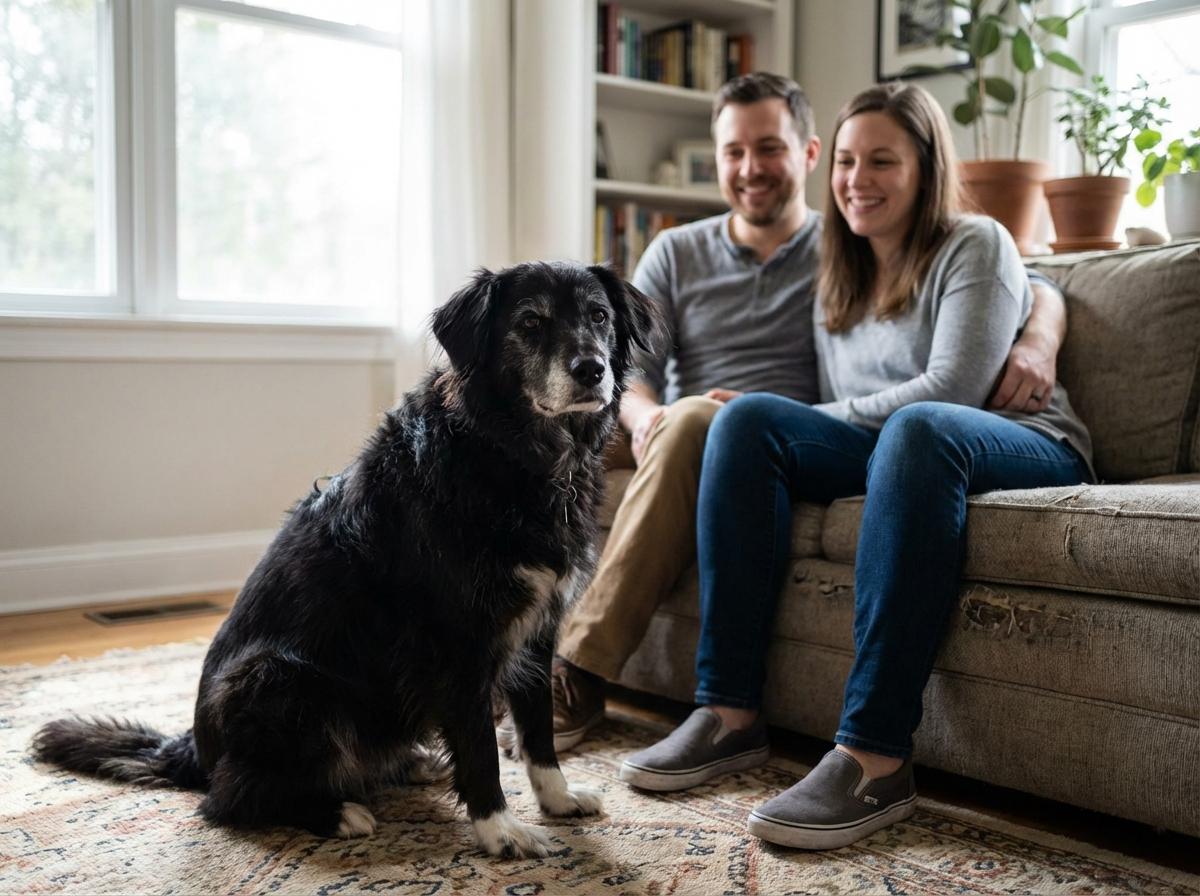 Thelma, an eight-year-old black dog with white paws and a graying snout, sitting in a home with her adopters.