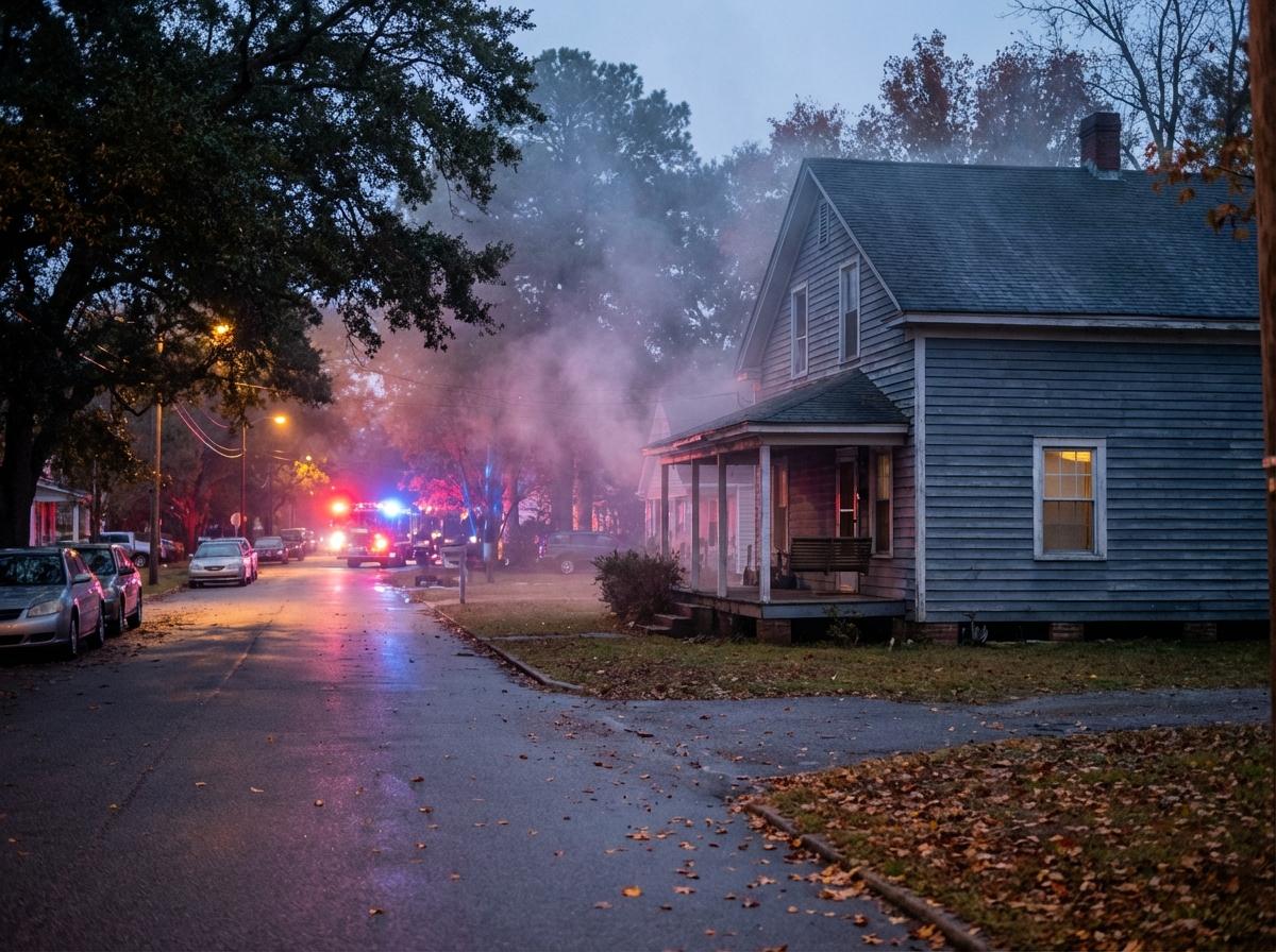 Exterior of a home on the 1800 block of Hazel Avenue in New Bern at dusk with emergency lighting in the background