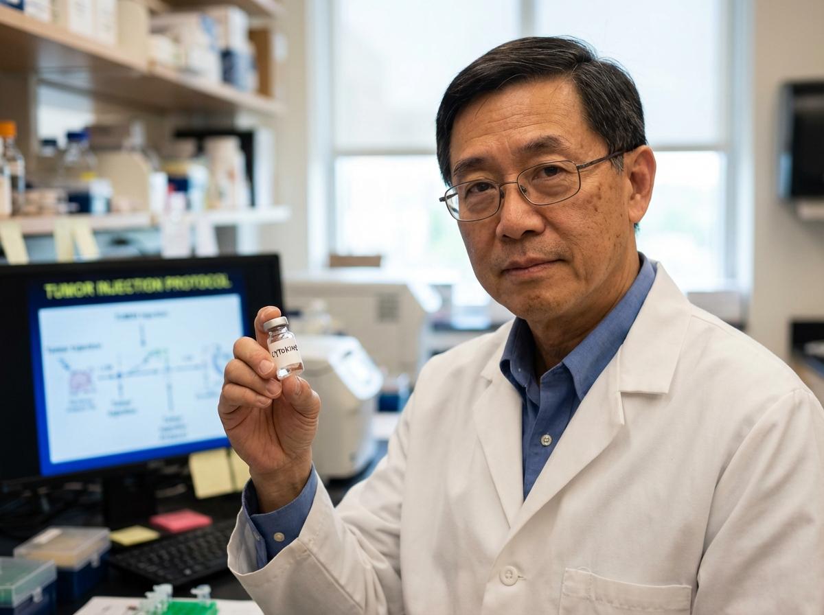 Dr. Timothy Fan in a University of Illinois lab holding a vial labeled 'cytokine', research equipment in the background.