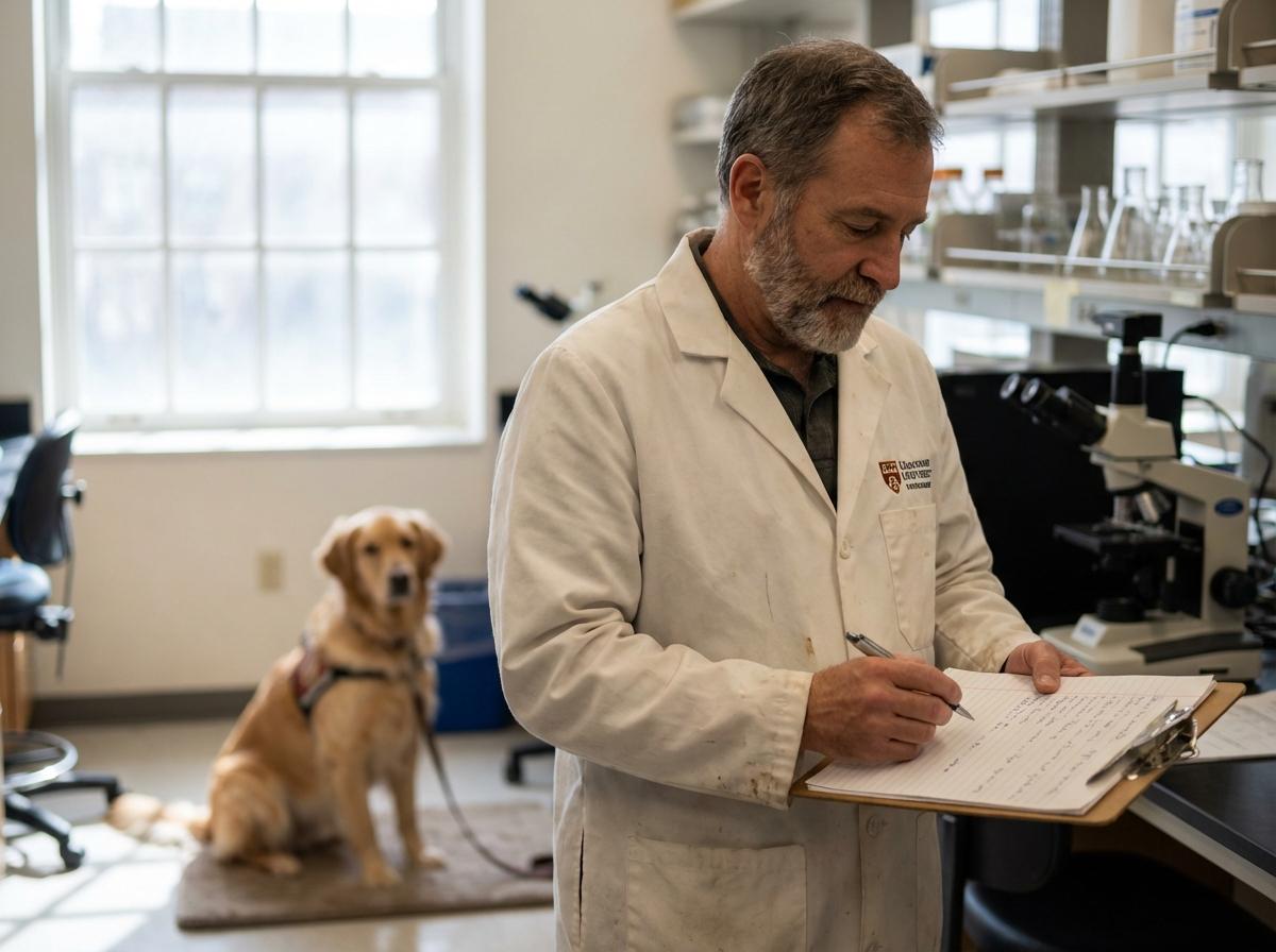 University researcher in a veterinary lab with a dog in the background, natural light, photorealistic.