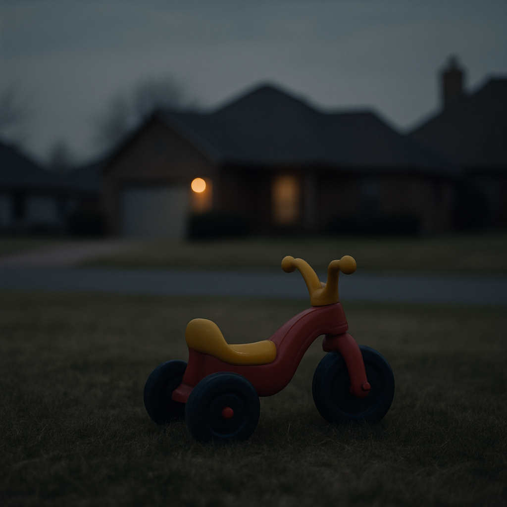 Child's toy on a front lawn at dusk, representing a tragic incident in a residential neighborhood.