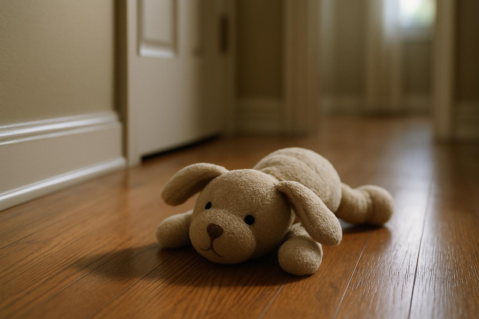 A child's stuffed toy on a hardwood floor near a closed bedroom door, soft natural light