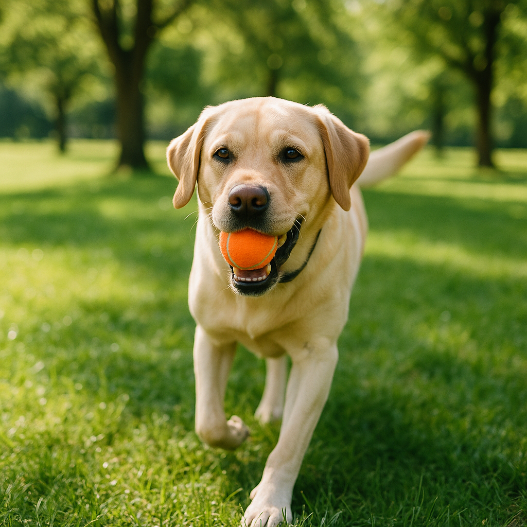 Labrador Retriever playing fetch in a park