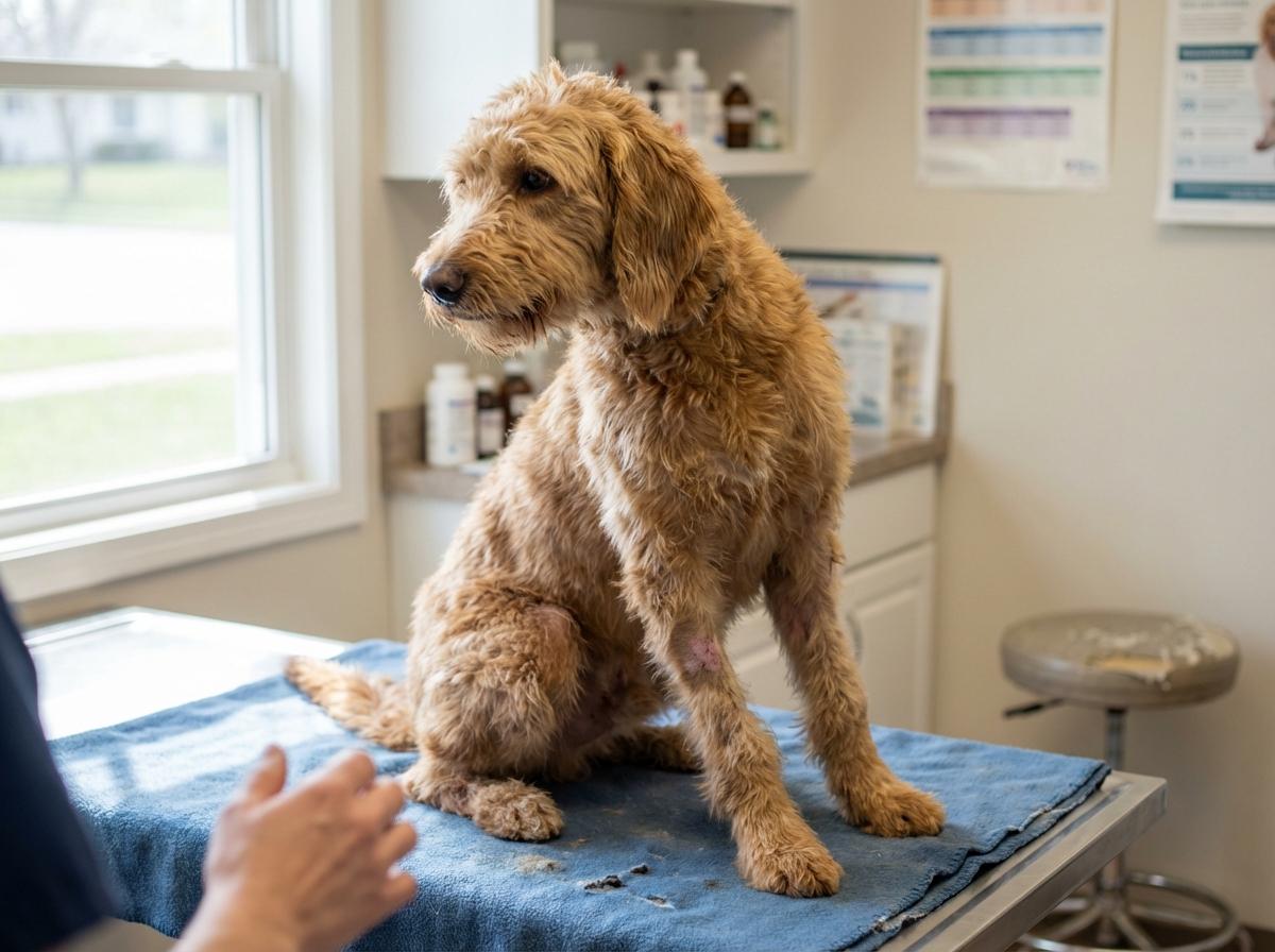Rescued goldendoodle with patchy fur sitting on a veterinary exam table, thin and alert, receiving care.