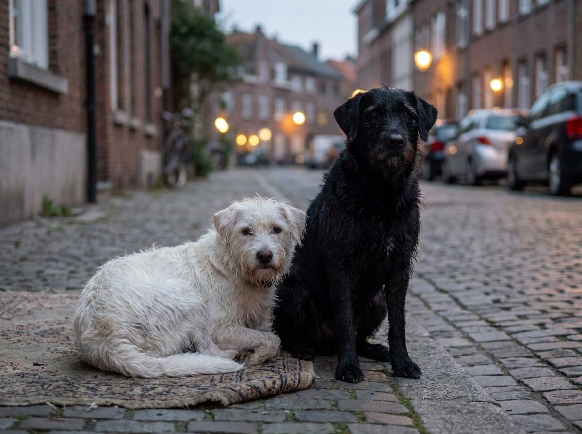 Two medium-sized dogs on a quiet urban street at twilight, one white and one black, appearing neglected